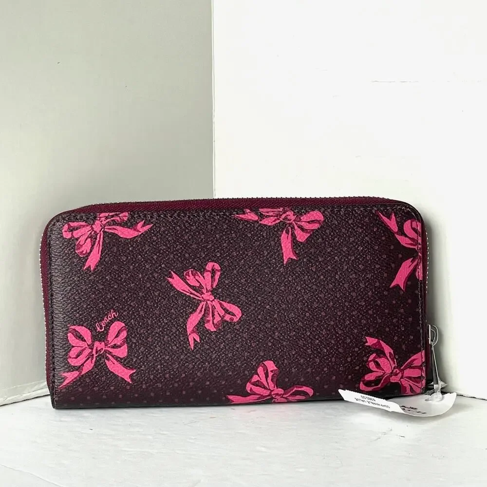 Coach CZ327 Pink Bow Long Zip Wallet Merlot Canvas Phone Wristlet